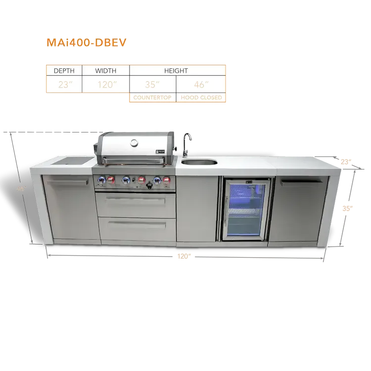 Mont Alpi Deluxe 400 120" Stainless Steel 4-Burner Gas Island Grill With Infrared Side/Rear Burners, Rotisserie Kit and Beverage Center