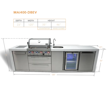 Mont Alpi Deluxe 400 120" Stainless Steel 4-Burner Gas Island Grill With Infrared Side/Rear Burners, Rotisserie Kit and Beverage Center