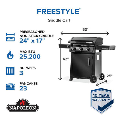 Napoleon Freestyle 24" Pre-Seasoned Non-Stick 3-Burner Propane Gas Griddle