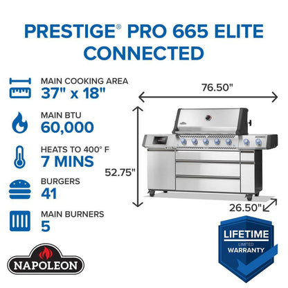 Napoleon Prestige PRO 665 Elite 77" 5 Main Burners Freestanding Natural Gas Grill With Smart Technology & Electric Smoker Box