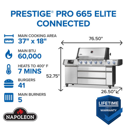 Napoleon Prestige PRO 665 Elite 77" 5 Main Burners Freestanding Propane Gas Grill With Smart Technology & Electric Smoker Box