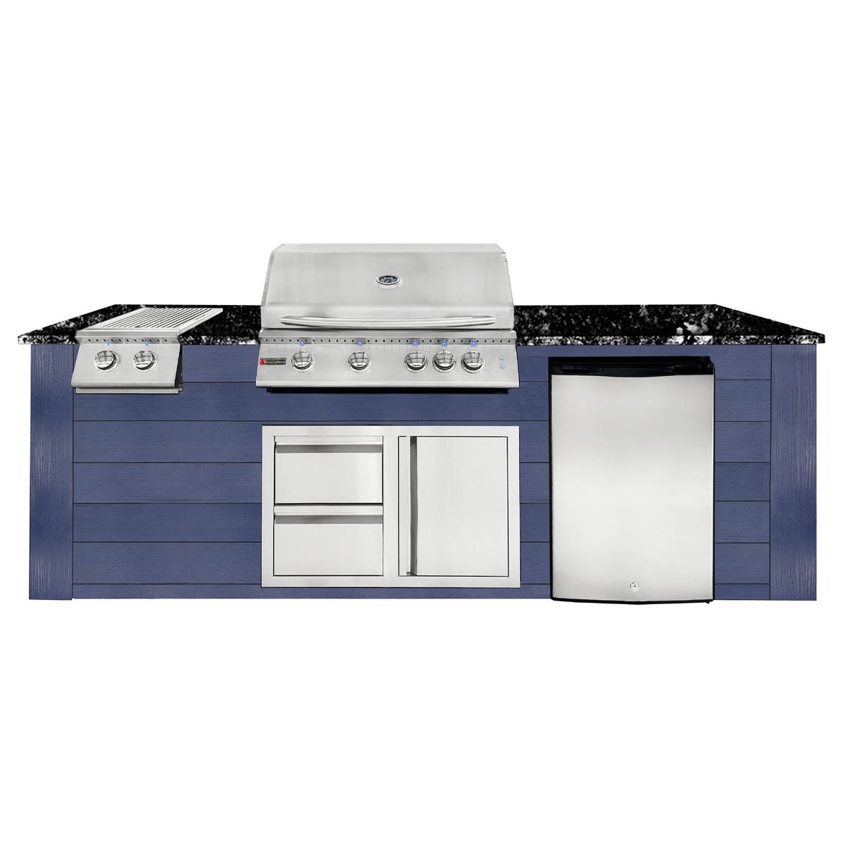 Renaissance Pro-Fit 8-Ft Outdoor Island With Black Granite Countertop, Blue Cabinet, 32" Natural Gas Grill and Double Side Burner With Lights, Right-Swing Double Drawer/Door and Refrigerator
