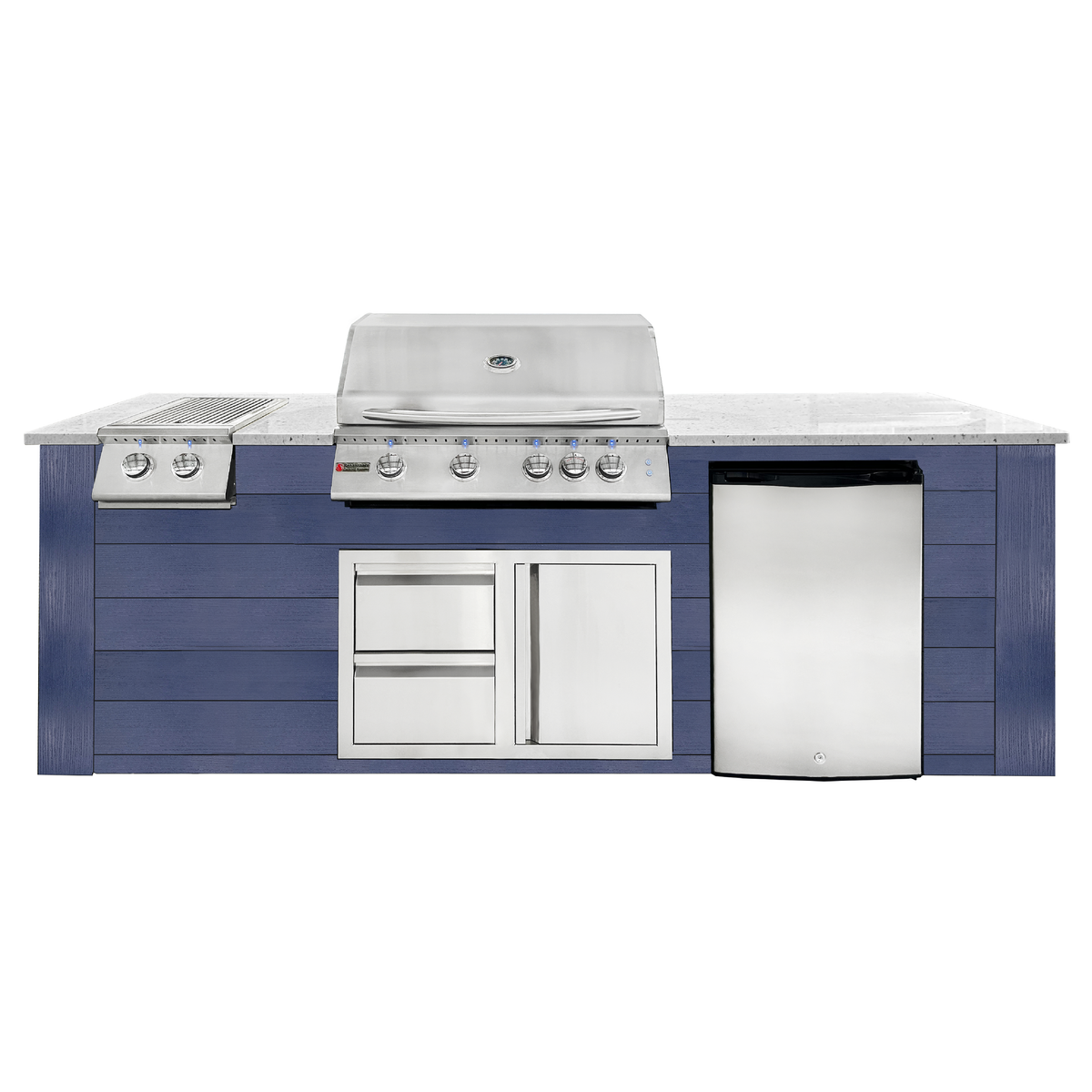 Renaissance Pro-Fit 8-Ft Outdoor Island With White Granite Countertop, Blue Cabinet, 32" Natural Gas Grill and Double Side Burner With Lights, Right-Swing Double Drawer/Door and Refrigerator