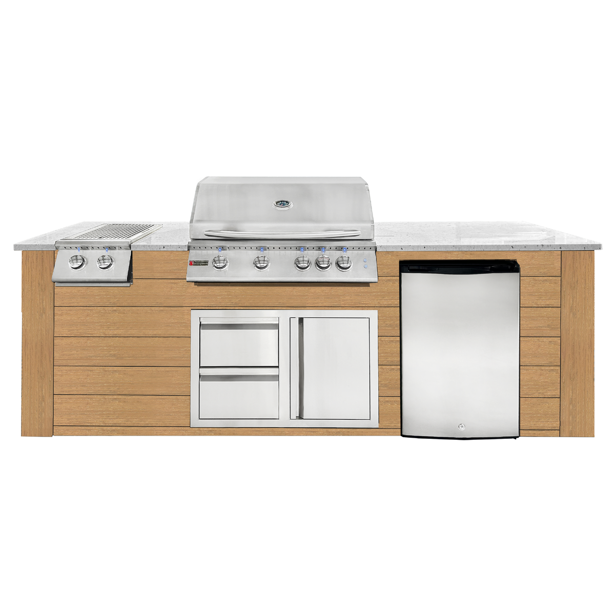 Renaissance Pro-Fit 8-Ft Outdoor Island With White Granite Countertop, Cedar Cabinet, 32" Natural Gas Grill and Double Side Burner With Lights, Right-Swing Double Drawer/Door and Refrigerator