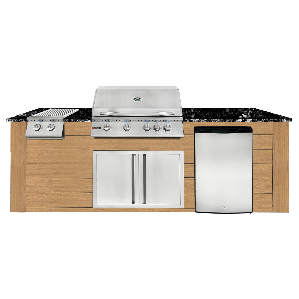 Renaissance Pro-Fit 8-Ft Outdoor Island With Black Granite Countertop, Cedar Cabinet, 32" Natural Gas Grill and Double Side Burner With Lights, Double Door and Refrigerator