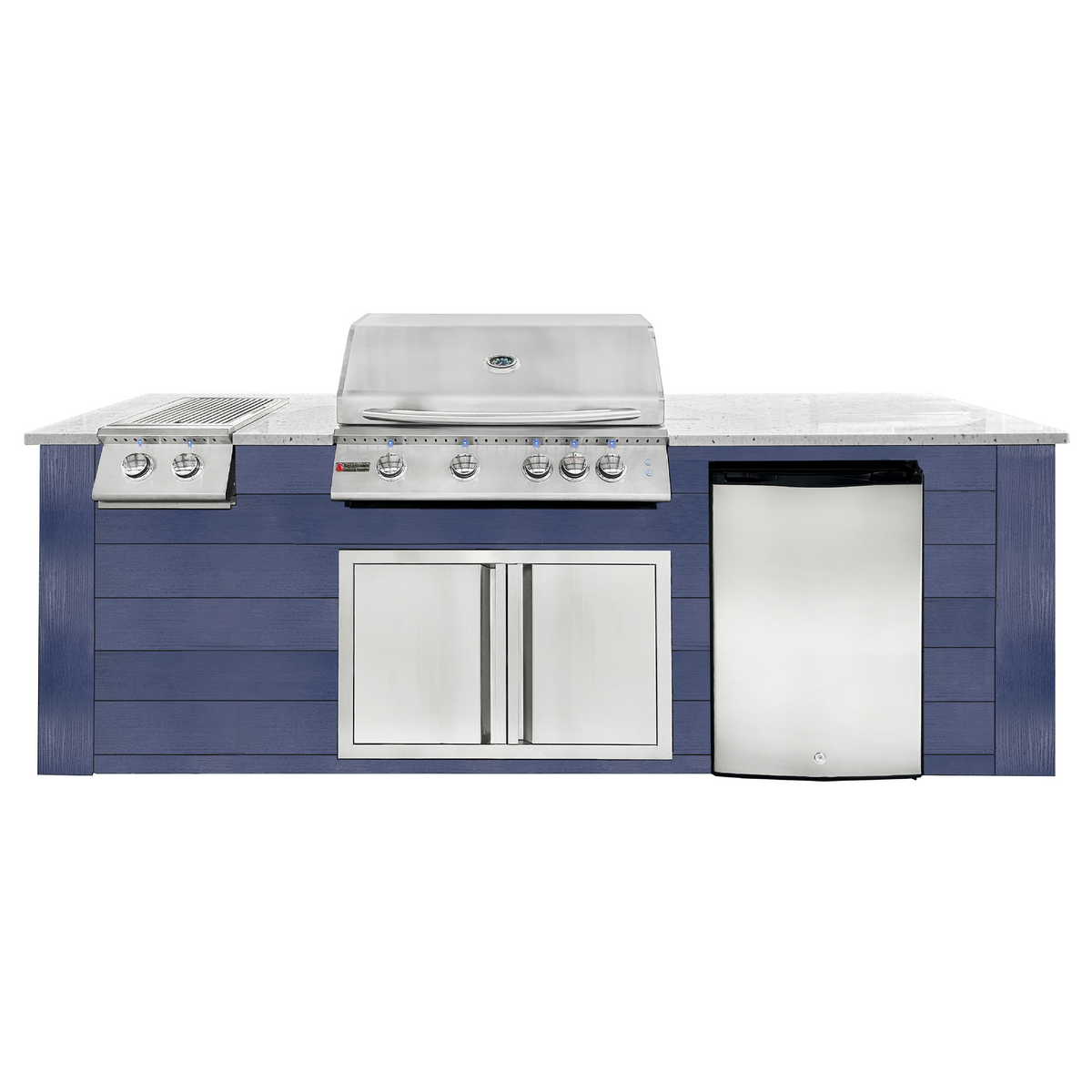 Renaissance Pro-Fit 8-Ft Outdoor Island With White Granite Countertop, Blue Cabinet, 32" Propane Gas Grill and Double Side Burner With Lights, Double Door and Refrigerator
