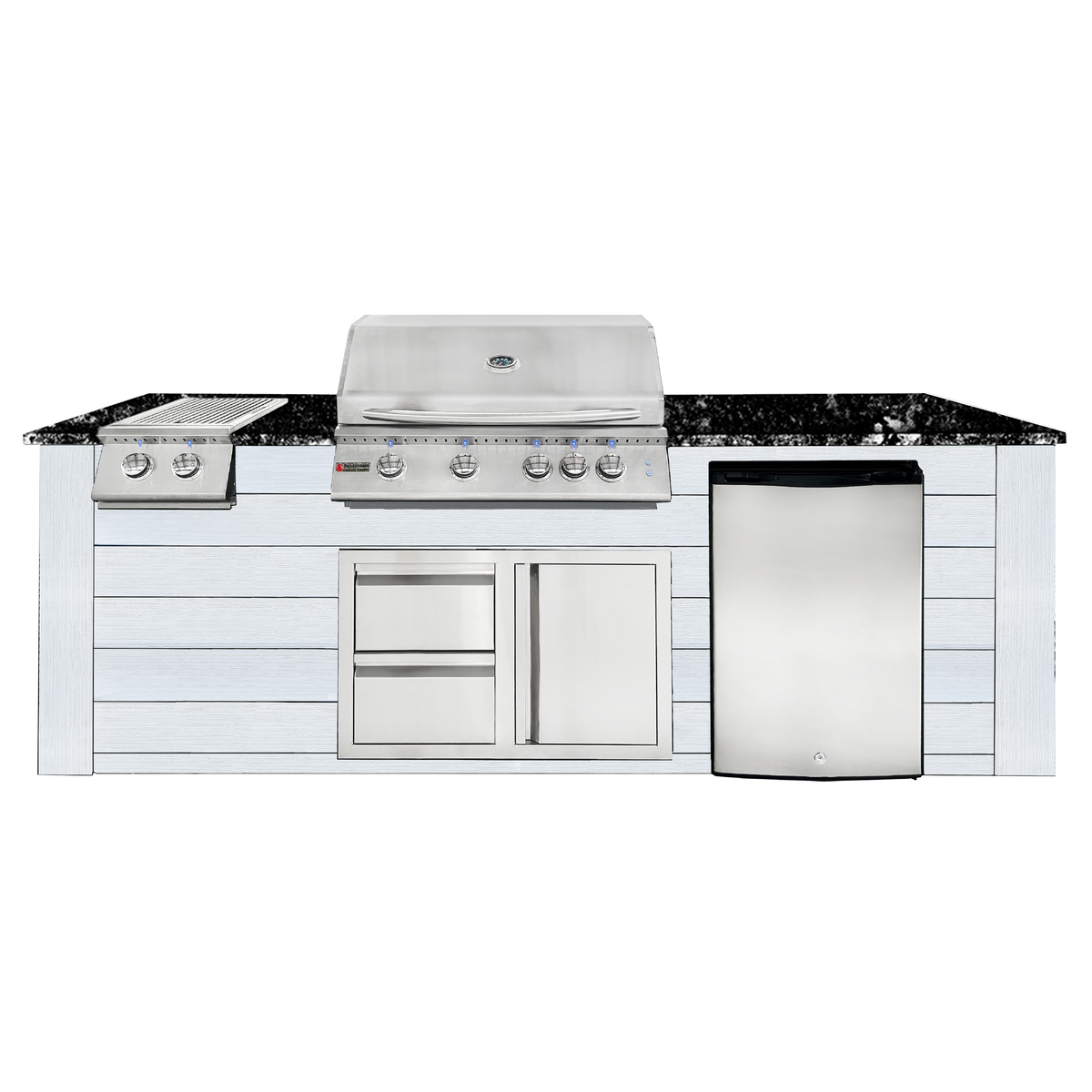 Renaissance Pro-Fit 8-Ft Outdoor Island With Black Granite Countertop, White Cabinet, 32" Propane Gas Grill and Double Side Burner With Lights, Right-Swing Double Drawer/Door and Refrigerator