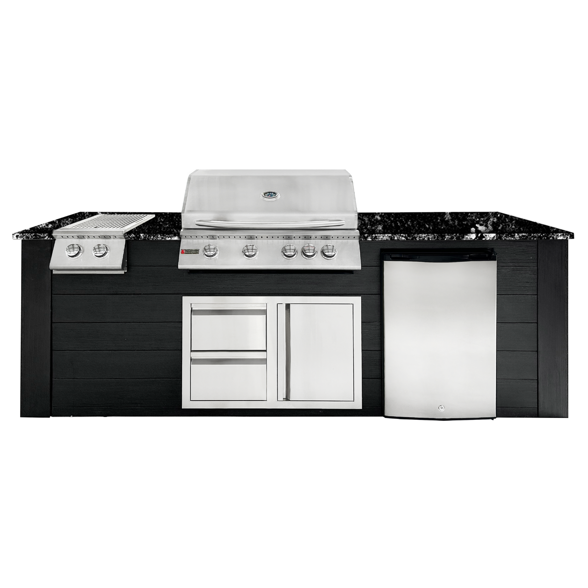Renaissance Pro-Fit 8-Ft Outdoor Island With Black Granite Countertop, Black Cabinet, 32" Propane Gas Grill, Double Side Burner, Right-Swing Double Drawer/Door and Refrigerator