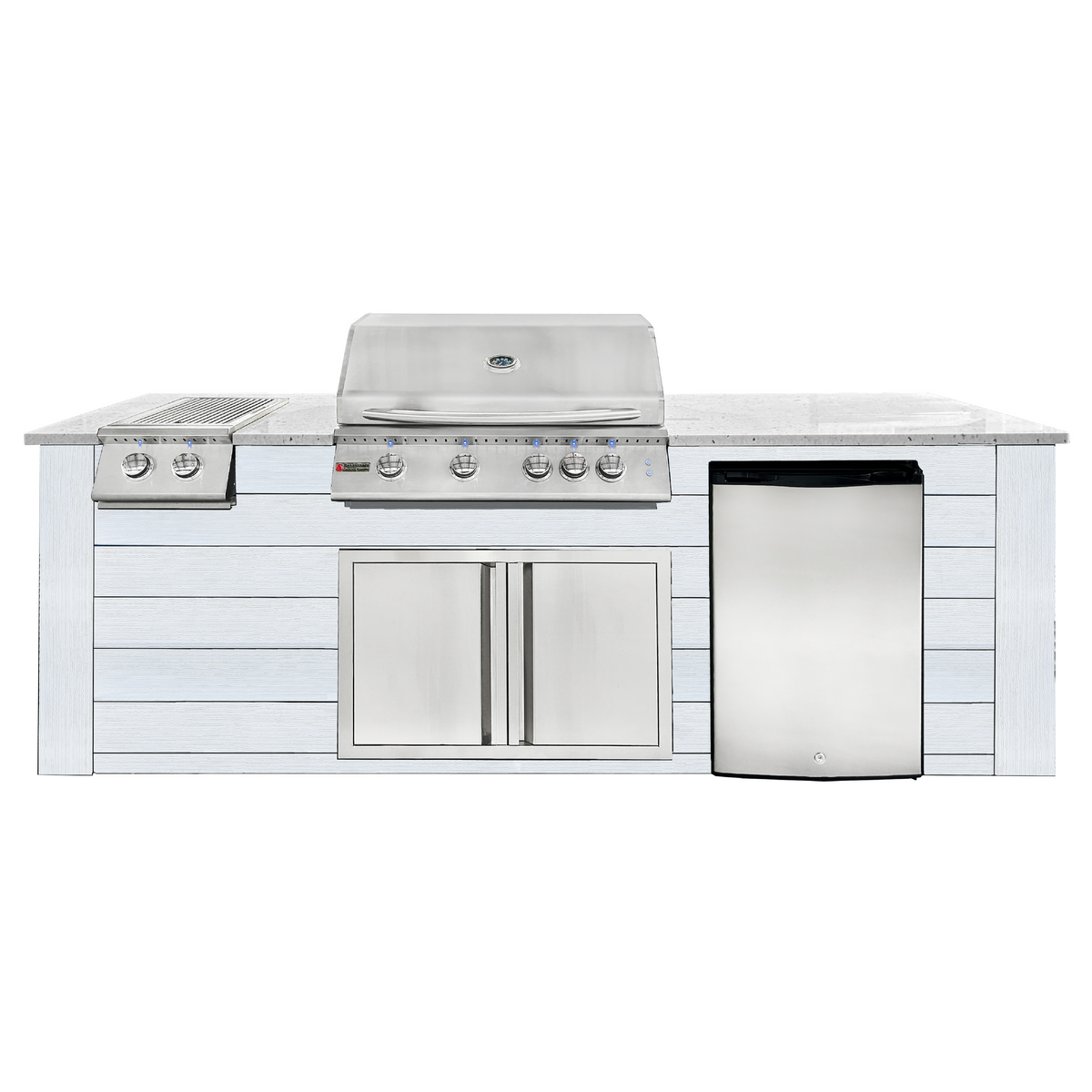 Renaissance Pro-Fit 8-Ft Outdoor Island With White Granite Countertop, White Cabinet, 32" Propane Gas Grill and Double Side Burner With Lights, Double Door and Refrigerator