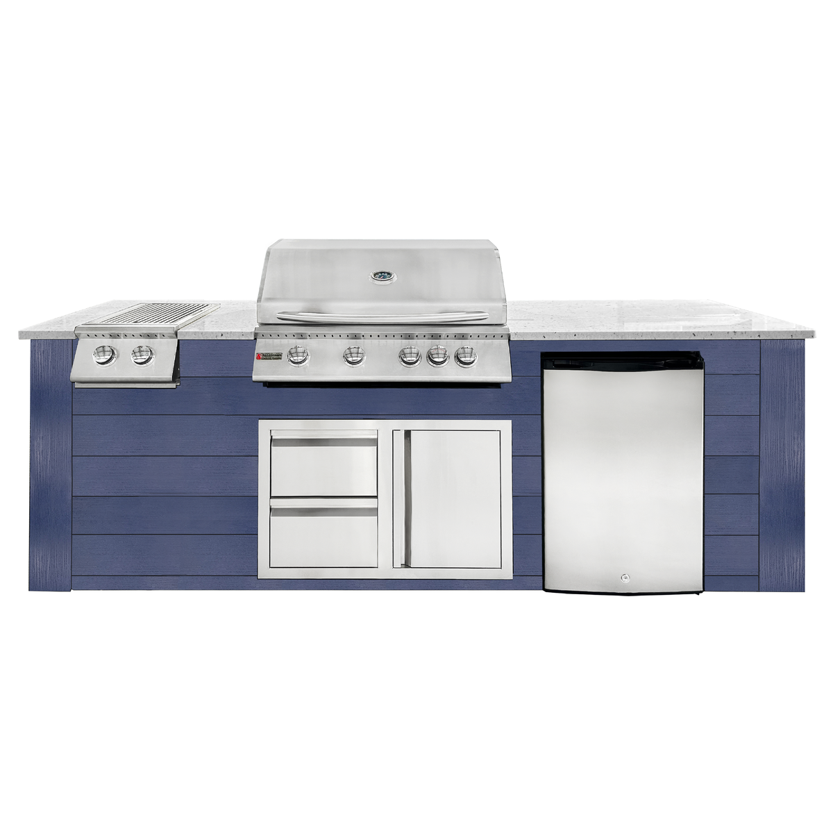 Renaissance Pro-Fit 8-Ft Outdoor Island With White Granite Countertop, Blue Cabinet, 32" Propane Gas Grill, Double Side Burner, Right-Swing Double Drawer/Door and Refrigerator