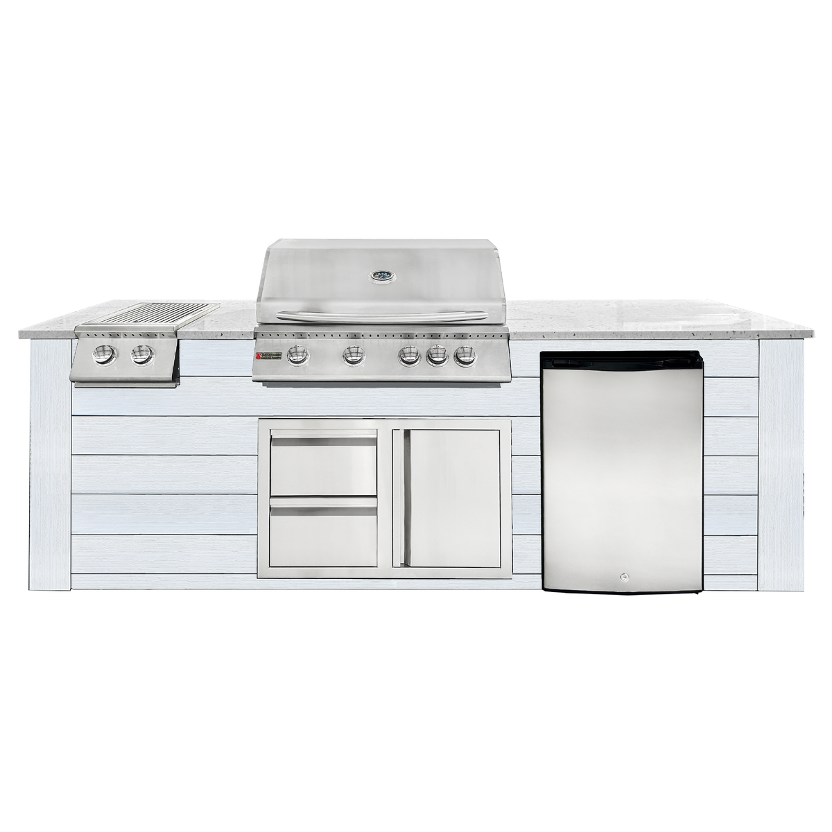 Renaissance Pro-Fit 8-Ft Outdoor Island With White Granite Countertop, White Cabinet, 32" Natural Gas Grill, Double Side Burner, Right-Swing Double Drawer/Door and Refrigerator