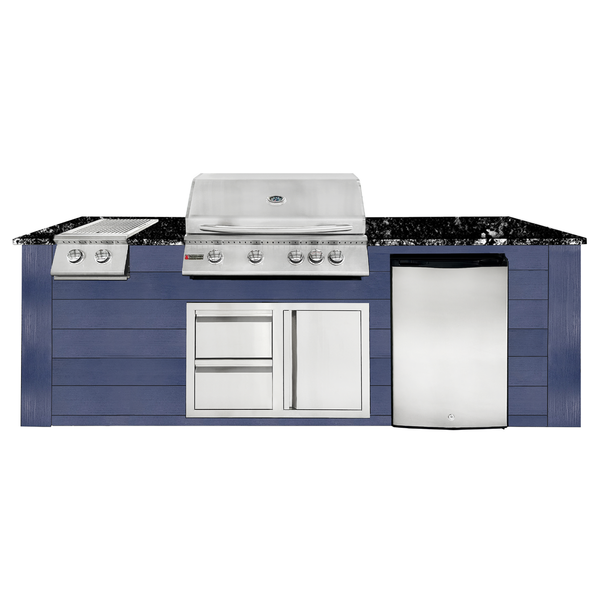 Renaissance Pro-Fit 8-Ft Outdoor Island With Black Granite Countertop, Blue Cabinet, 32" Propane Gas Grill, Double Side Burner, Right-Swing Double Drawer/Door and Refrigerator