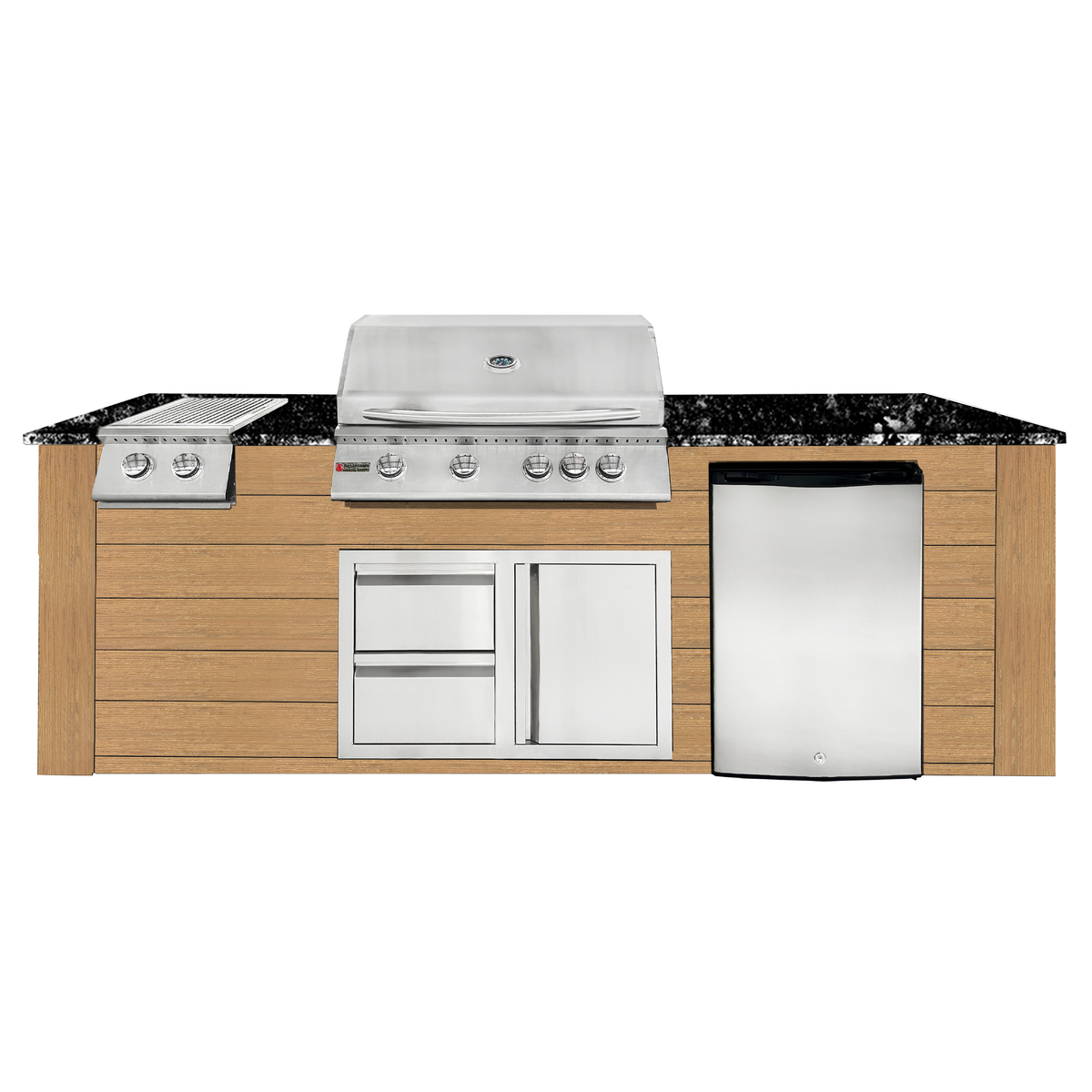 Renaissance Pro-Fit 8-Ft Outdoor Island With Black Granite Countertop, Cedar Cabinet, 32" Propane Gas Grill, Double Side Burner, Right-Swing Double Drawer/Door and Refrigerator