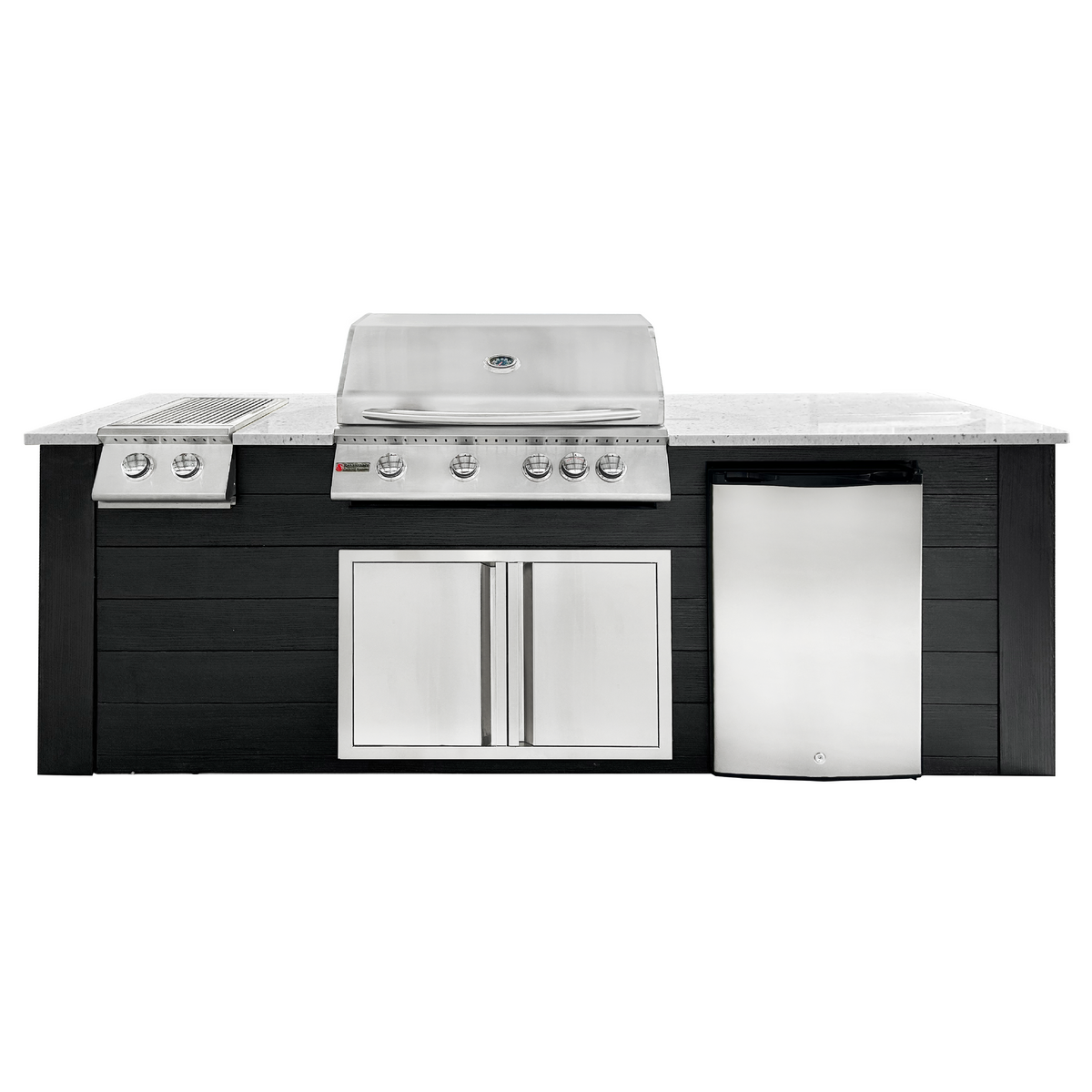 Renaissance Pro-Fit 8-Ft Outdoor Island With White Granite Countertop, Black Cabinet, 32" Propane Gas Grill, Double Side Burner, Double Door and Refrigerator