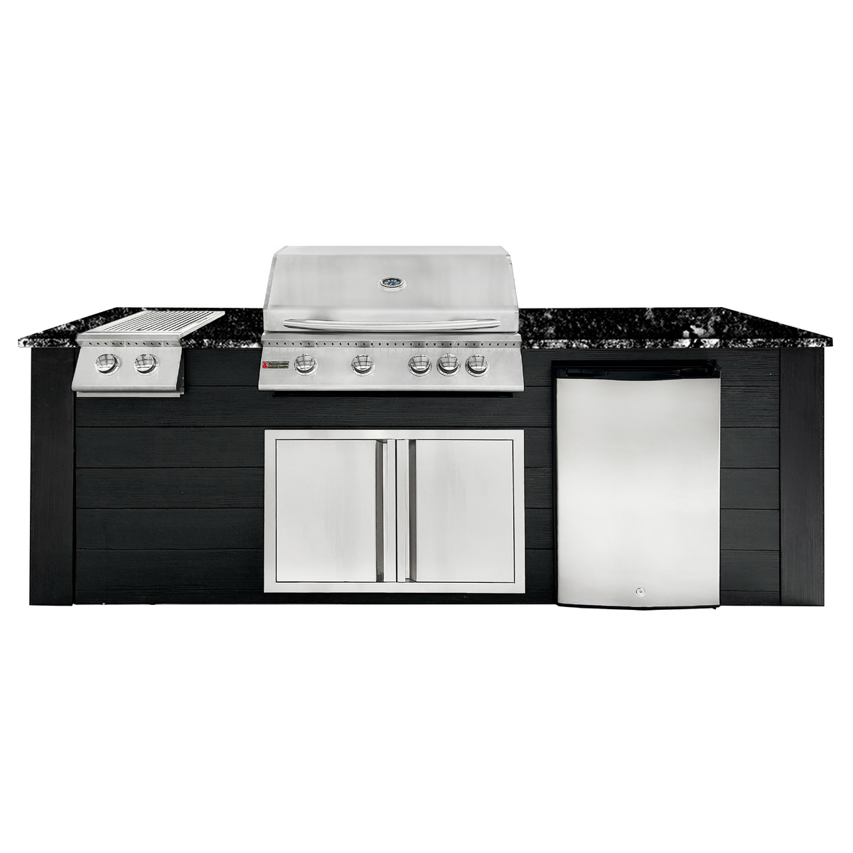 Renaissance Pro-Fit 8-Ft Outdoor Island With Black Granite Countertop, Black Cabinet, 32" Natural Gas Grill, Double Side Burner, Double Door and Refrigerator