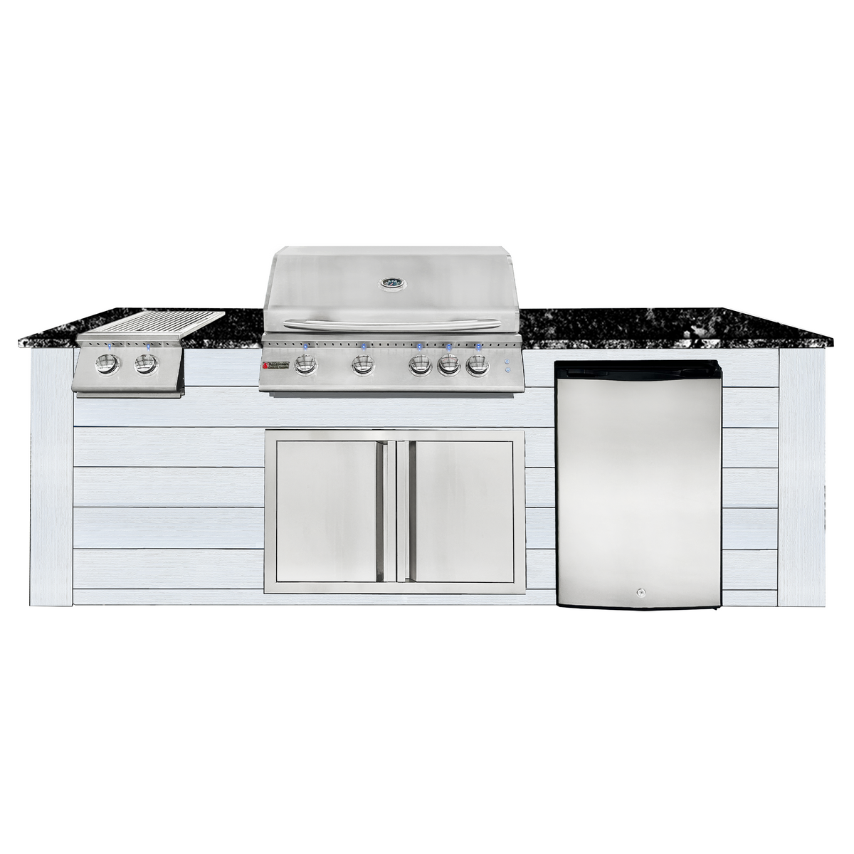 Renaissance Pro-Fit 8-Ft Outdoor Island With Black Granite Countertop, White Cabinet, 32" Propane Gas Grill and Double Side Burner With Lights, Double Door and Refrigerator