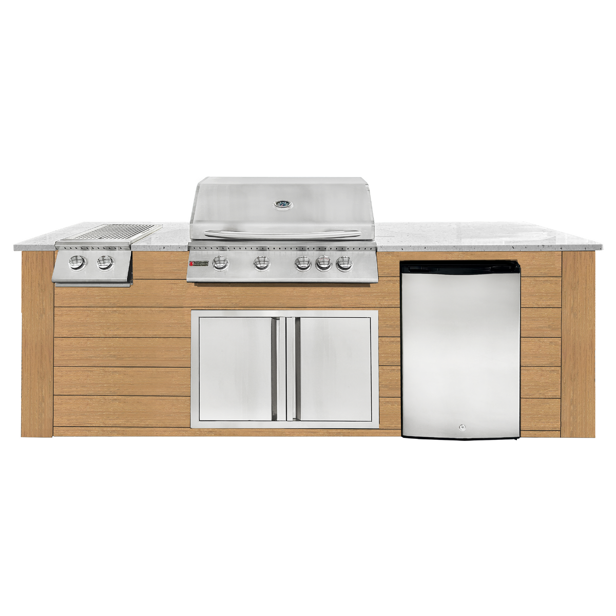 Renaissance Pro-Fit 8-Ft Outdoor Island With White Granite Countertop, Cedar Cabinet, 32" Natural Gas Grill, Double Side Burner, Double Door and Refrigerator