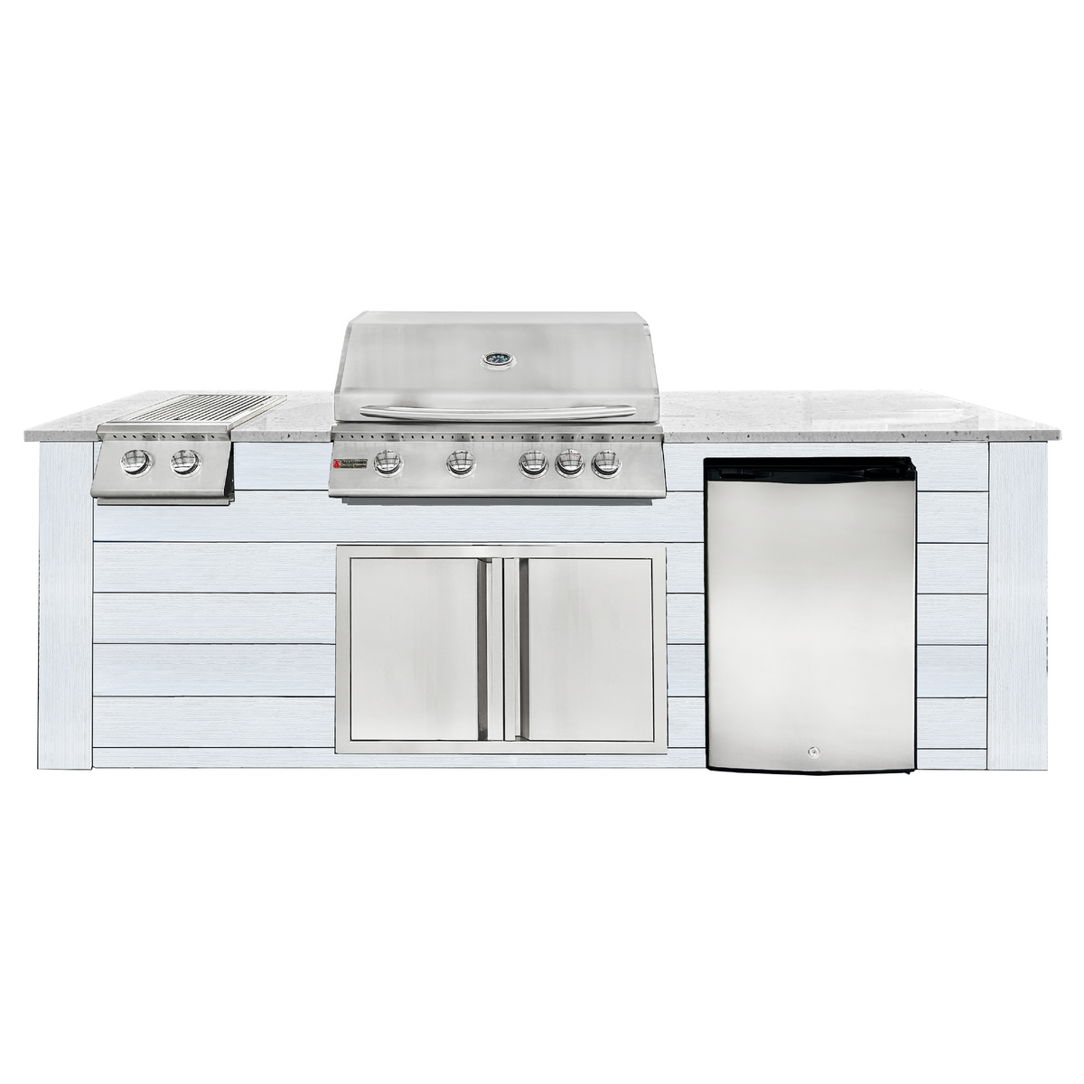 Renaissance Pro-Fit 8-Ft Outdoor Island With White Granite Countertop, White Cabinet, 32" Propane Gas Grill, Double Side Burner, Double Door and Refrigerator