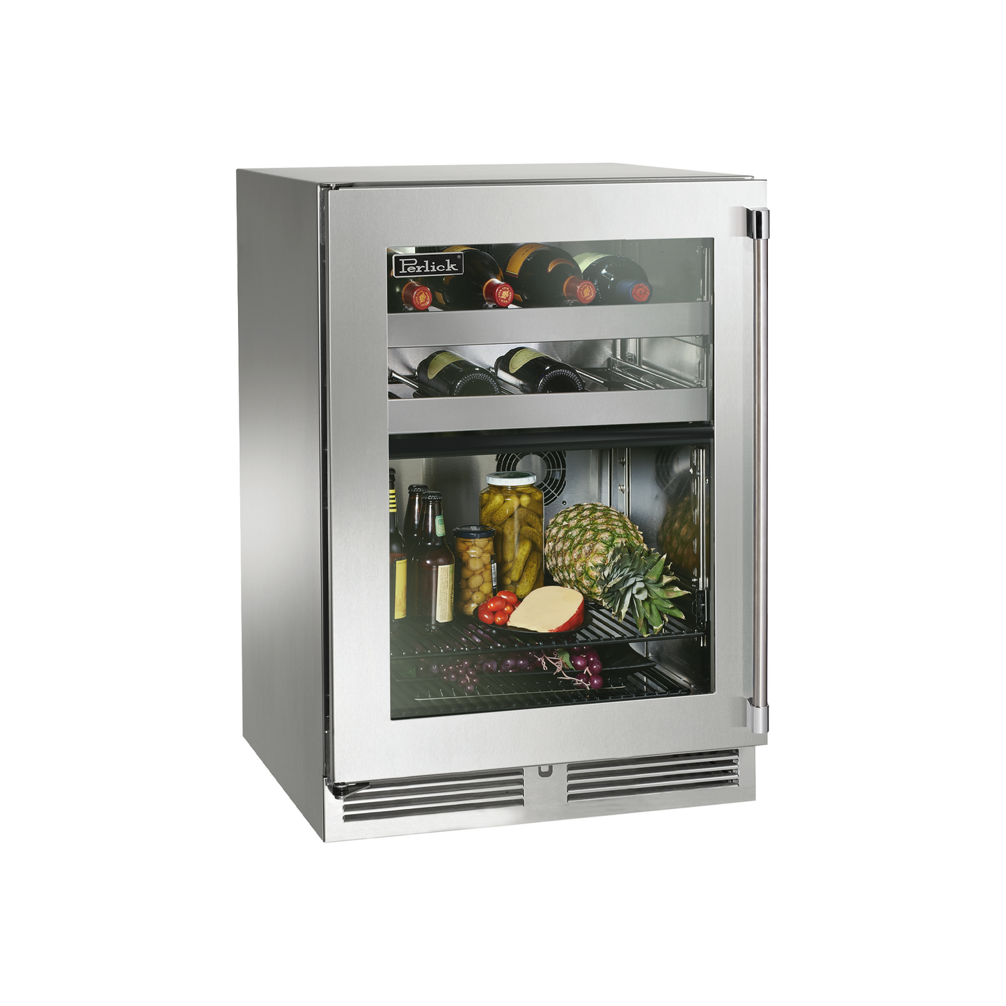 Perlick Signature Series 24" Marine Grade Dual-Zone Refrigerator/Wine Reserve with Fully Integrated Panel-Ready Glass Door Hinge Left