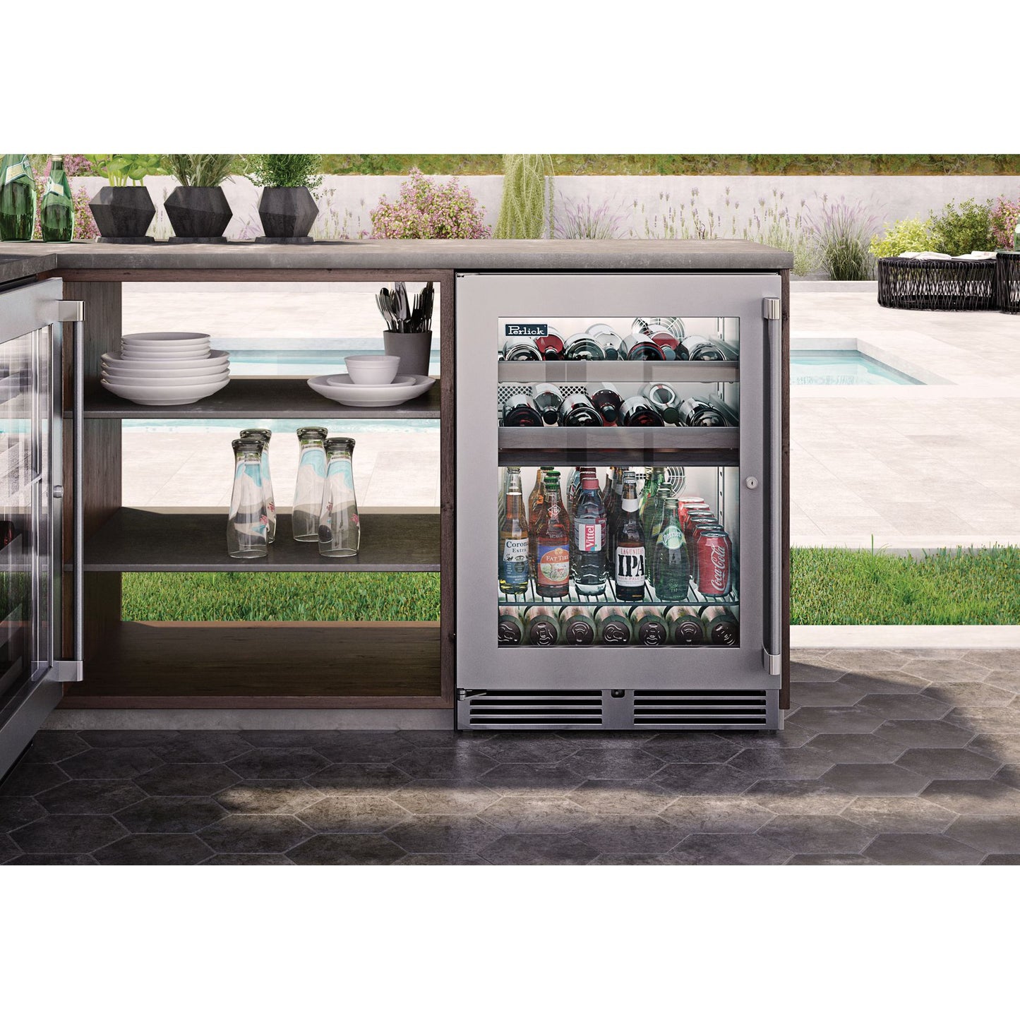 Perlick Signature Series 24" Marine Grade Dual-Zone Refrigerator/Wine Reserve with Stainless Steel Glass Door Hinge Right with Lock