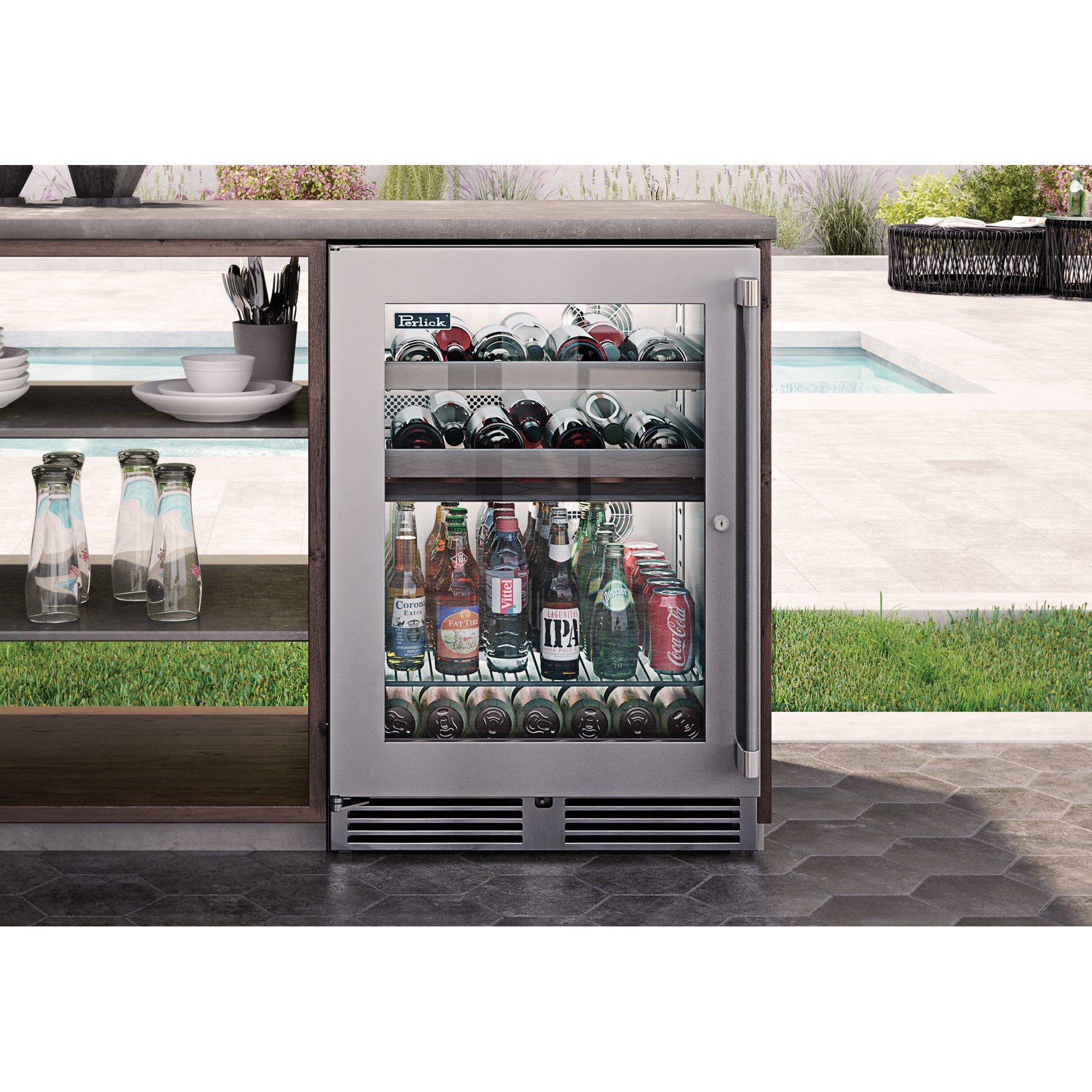Perlick Signature Series 24" Outdoor Beverage Center with Fully Integrated Panel-Ready Glass Door Hinge Right