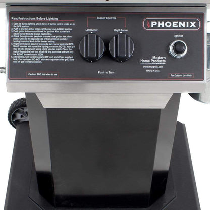 Phoenix Grills 52" Stainless Steel 2-Burner Liquid Propane Gas Grill on Black Aluminum Pedestal Cart