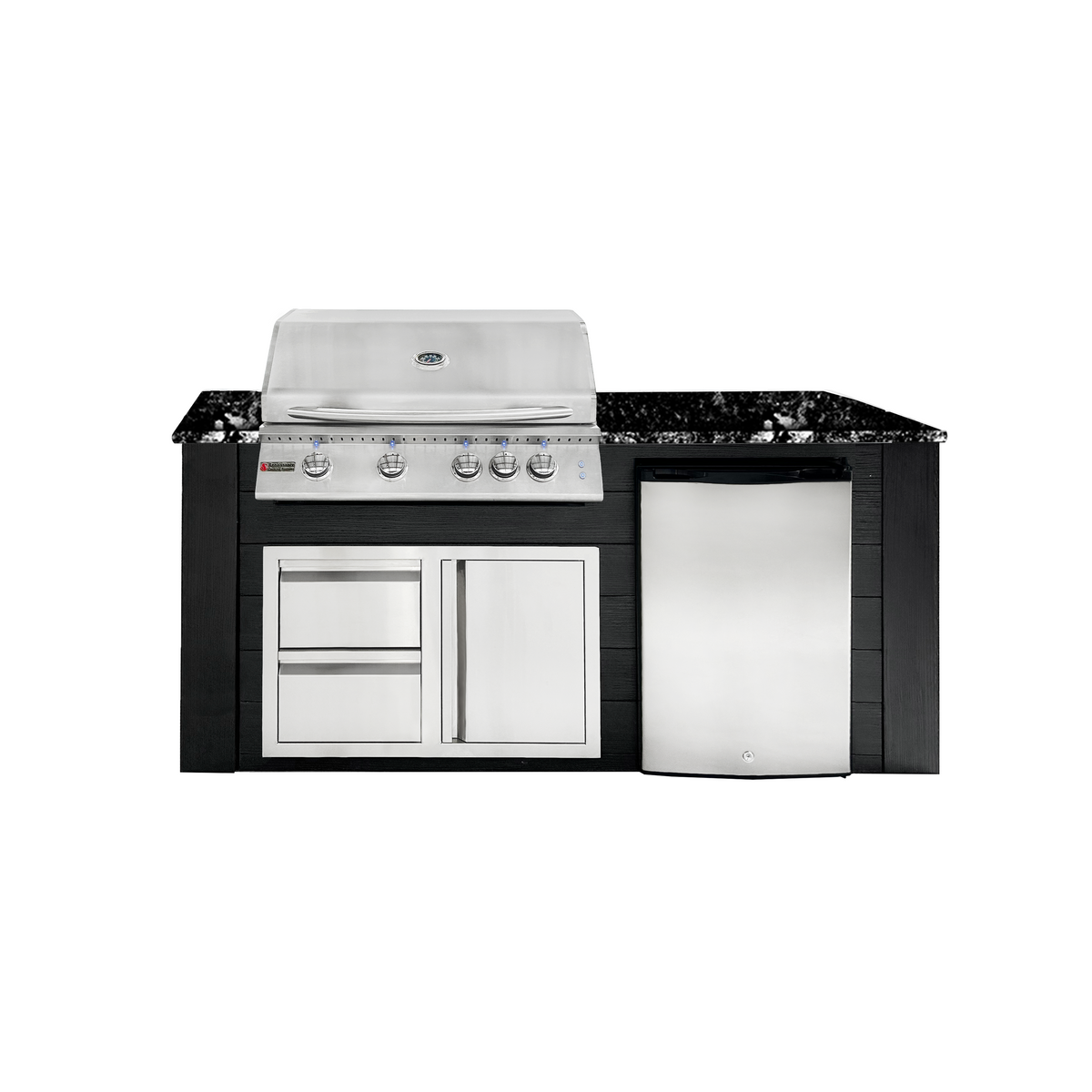 Renaissance Pro-Fit 6-Ft Outdoor Island With Black Granite Countertop, Black Cabinet, 32" Propane Gas Grill With Lights, Right-Swing Double Drawer/Door and Refrigerator