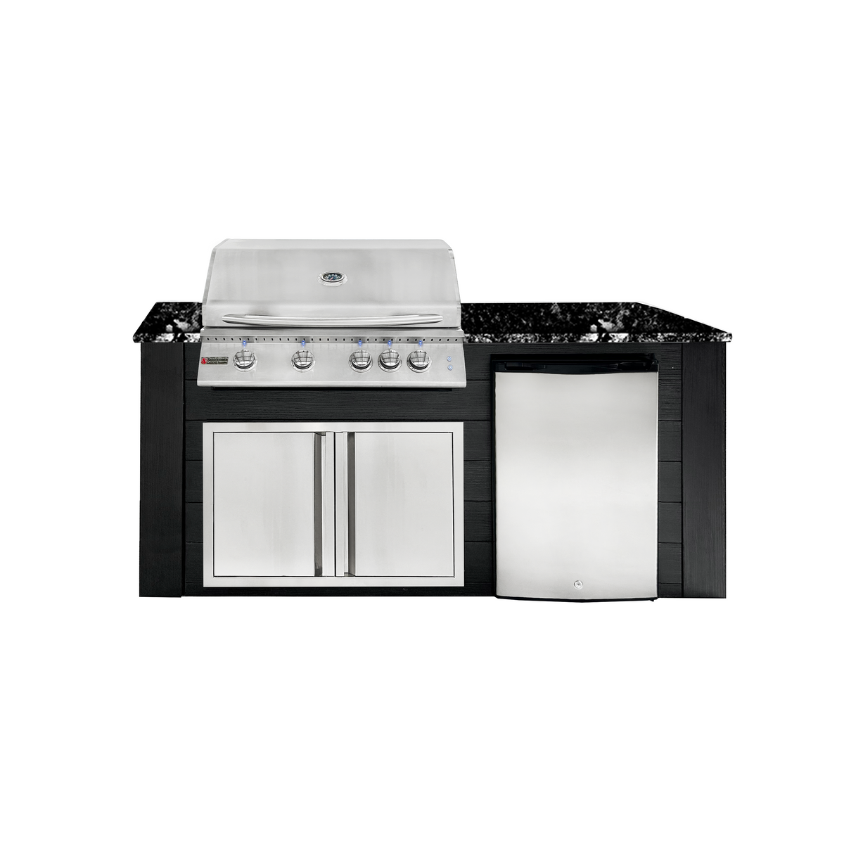 Renaissance Pro-Fit 6-Ft Outdoor Island With Black Granite Countertop, Black Cabinet, 32" Natural Gas Grill With Lights, Double Door and Refrigerator