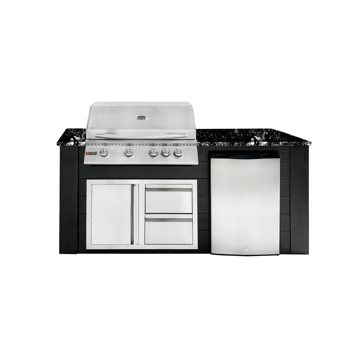 Renaissance Pro-Fit 6-Ft Outdoor Island With Black Granite Countertop, Black Cabinet, 32" Propane Gas Grill, Left-Swing Double Drawer/Door and Refrigerator