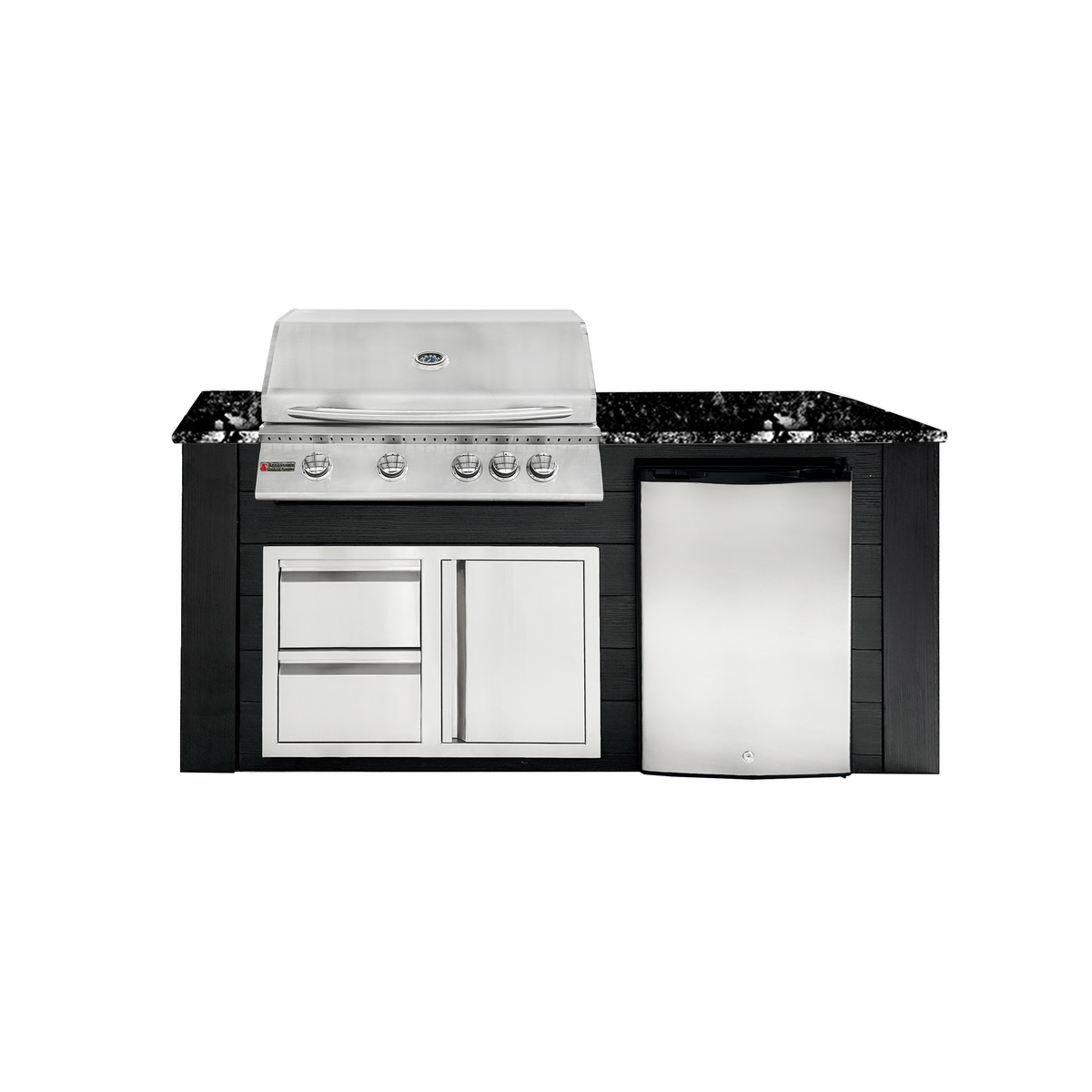 Renaissance Pro-Fit 6-Ft Outdoor Island With Black Granite Countertop, Black Cabinet, 32" Propane Gas Grill, Right-Swing Double Drawer/Door and Refrigerator