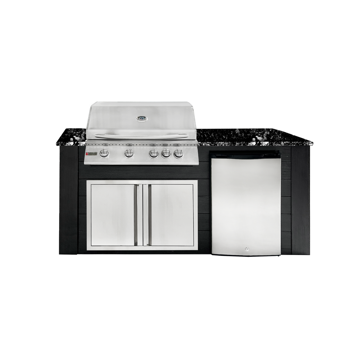 Renaissance Pro-Fit 6-Ft Outdoor Island With Black Granite Countertop, Black Cabinet, 32" Propane Gas Grill, Double Door and Refrigerator