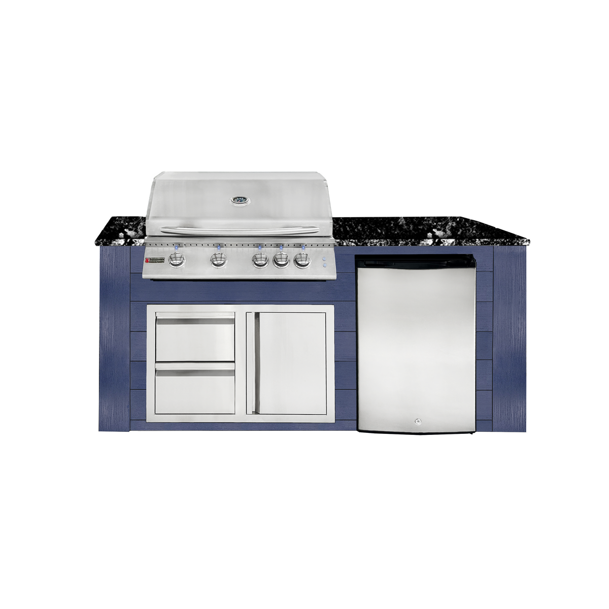 Renaissance Pro-Fit 6-Ft Outdoor Island With Black Granite Countertop, Blue Cabinet, 32" Natural Gas Grill With Lights, Right-Swing Double Drawer/Door and Refrigerator