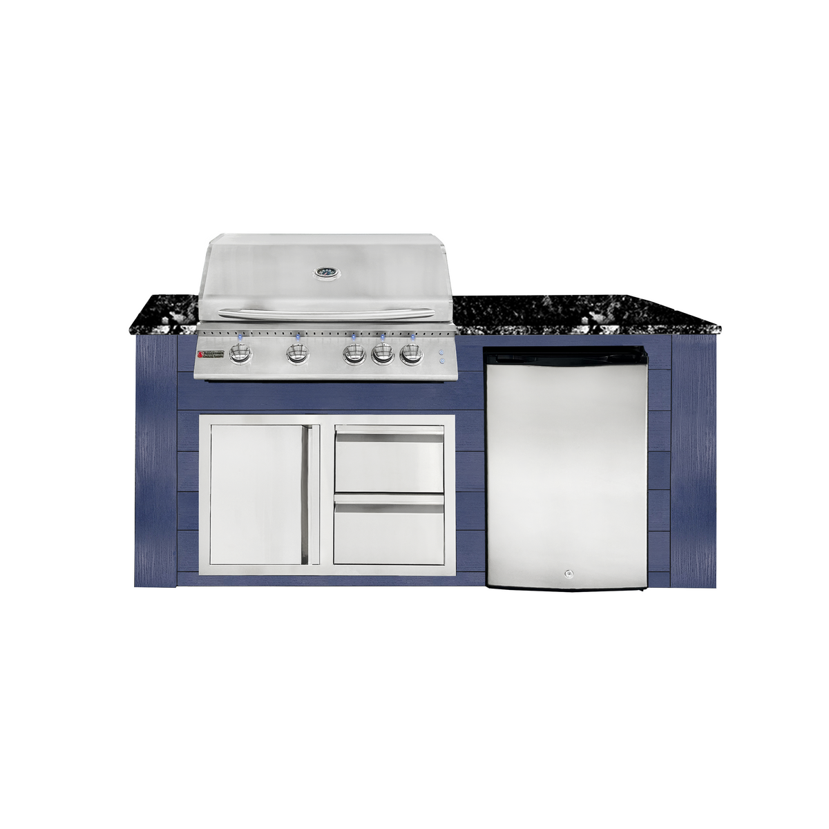 Renaissance Pro-Fit 6-Ft Outdoor Island With Black Granite Countertop, Blue Cabinet, 32" Natural Gas Grill With Lights, Left-Swing Double Drawer/Door and Refrigerator
