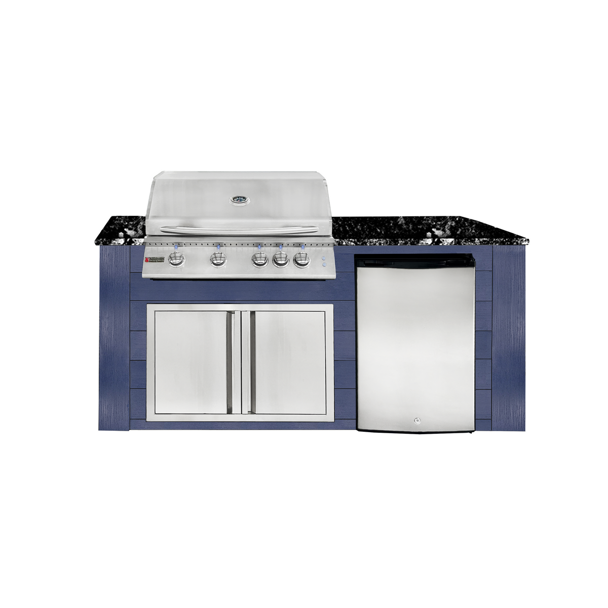 Renaissance Pro-Fit 6-Ft Outdoor Island With Black Granite Countertop, Blue Cabinet, 32" Natural Gas Grill With Lights, Double Door and Refrigerator