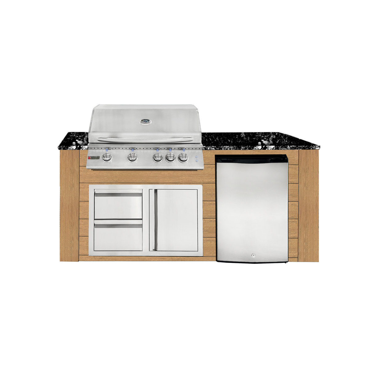 Renaissance Pro-Fit 6-Ft Outdoor Island With Black Granite Countertop, Cedar Cabinet, 32" Natural Gas Grill With Lights, Right-Swing Double Drawer/Door and Refrigerator