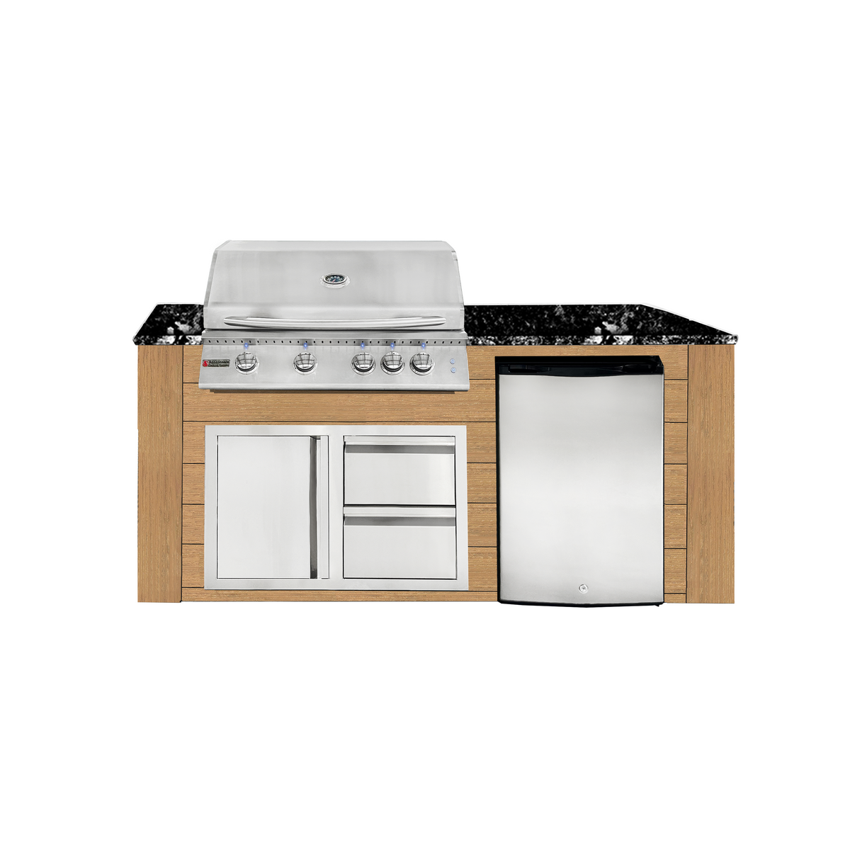 Renaissance Pro-Fit 6-Ft Outdoor Island With Black Granite Countertop, Cedar Cabinet, 32" Natural Gas Grill With Lights, Left-Swing Double Drawer/Door and Refrigerator