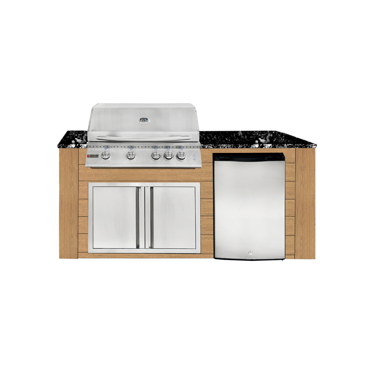 Renaissance Pro-Fit 6-Ft Outdoor Island With Black Granite Countertop, Cedar Cabinet, 32" Propane Gas Grill With Lights, Double Door and Refrigerator