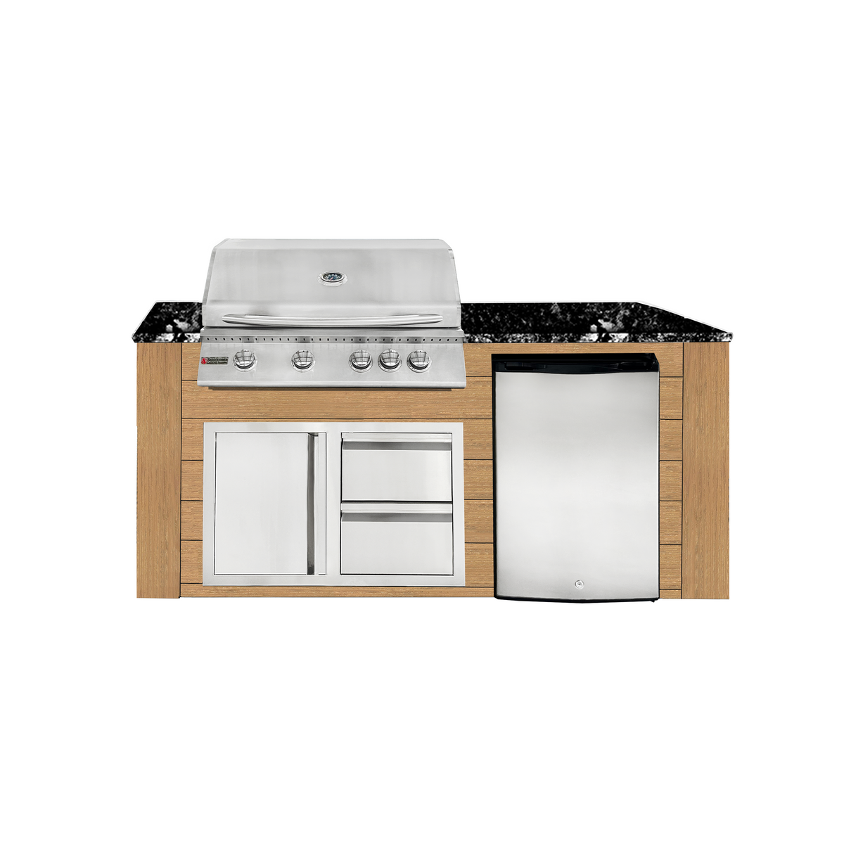 Renaissance Pro-Fit 6-Ft Outdoor Island With Black Granite Countertop, Cedar Cabinet, 32" Natural Gas Grill, Left-Swing Double Drawer/Door and Refrigerator