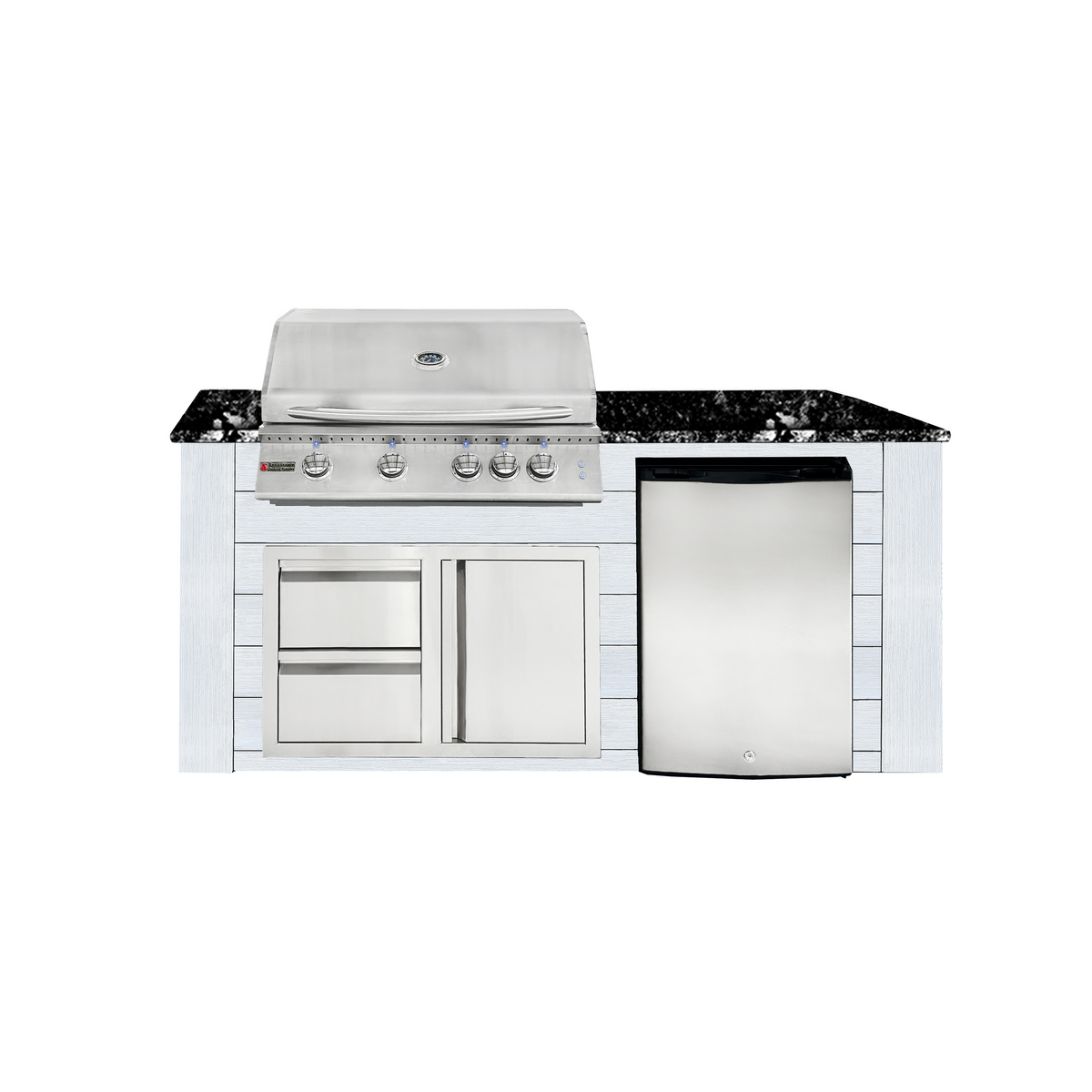 Renaissance Pro-Fit 6-Ft Outdoor Island With Black Granite Countertop, White Cabinet, 32" Propane Gas Grill With Lights, Right-Swing Double Drawer/Door and Refrigerator
