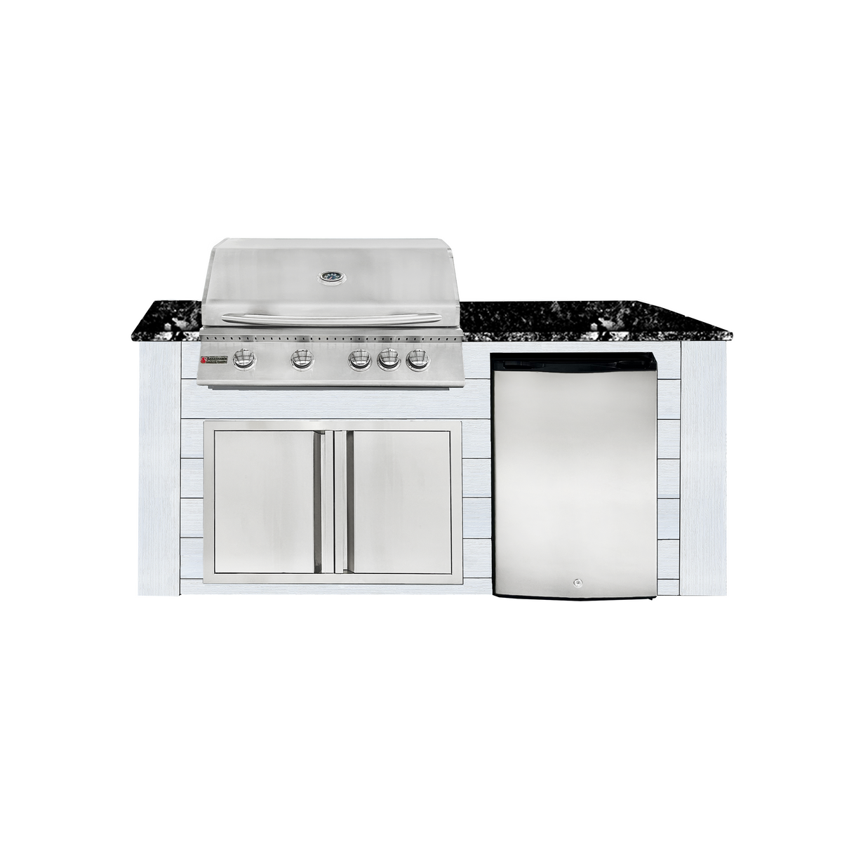 Renaissance Pro-Fit 6-Ft Outdoor Island With Black Granite Countertop, White Cabinet, 32" Natural Gas Grill, Double Door and Refrigerator