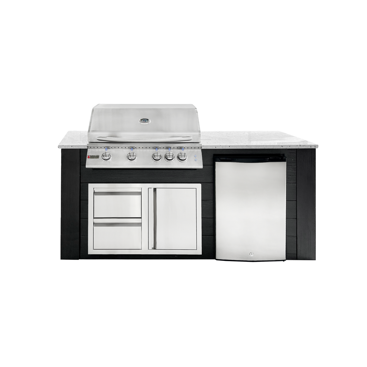 Renaissance Pro-Fit 6-Ft Outdoor Island With White Granite Countertop, Black Cabinet, 32" Propane Gas Grill With Lights, Right-Swing Double Drawer/Door and Refrigerator