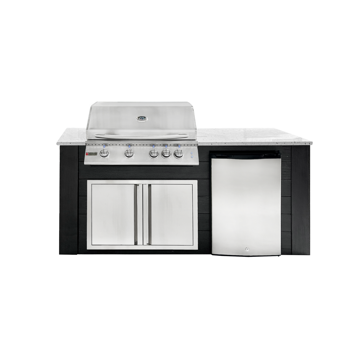 Renaissance Pro-Fit 6-Ft Outdoor Island With White Granite Countertop, Black Cabinet, 32" Natural Gas Grill With Lights, Double Door and Refrigerator