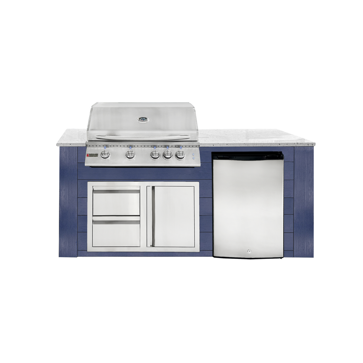 Renaissance Pro-Fit 6-Ft Outdoor Island With White Granite Countertop, Blue Cabinet, 32" Natural Gas Grill With Lights, Right-Swing Double Drawer/Door and Refrigerator
