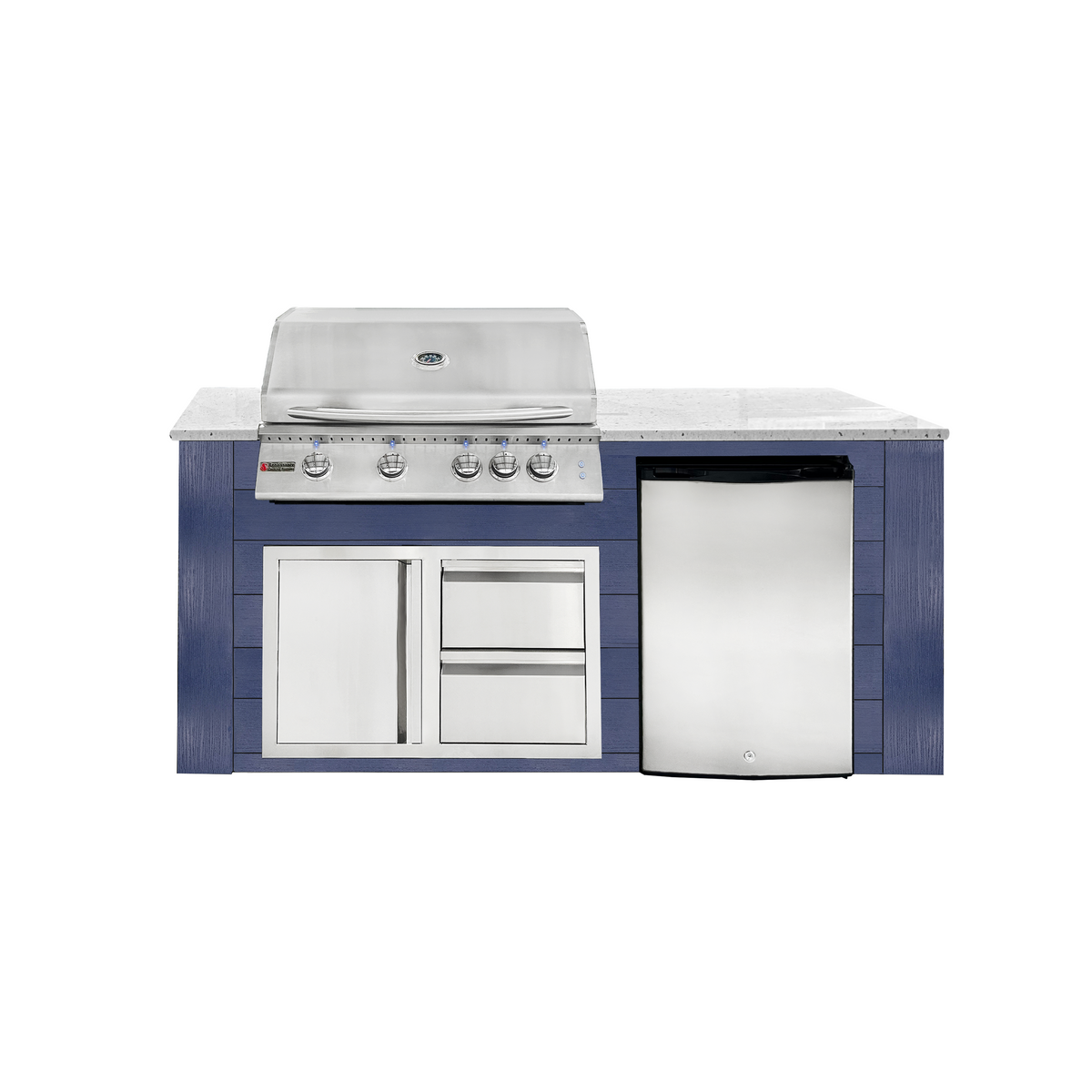 Renaissance Pro-Fit 6-Ft Outdoor Island With White Granite Countertop, Blue Cabinet, 32" Natural Gas Grill With Lights, Left-Swing Double Drawer/Door and Refrigerator