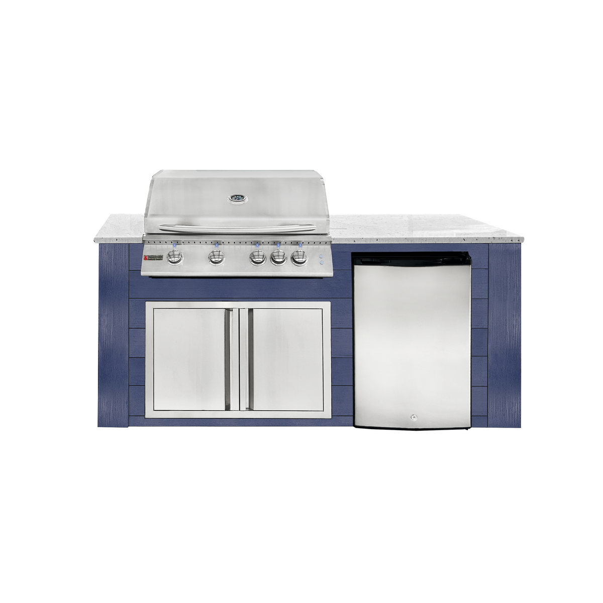 Renaissance Pro-Fit 6-Ft Outdoor Island With White Granite Countertop, Blue Cabinet, 32" Natural Gas Grill With Lights, Double Door and Refrigerator
