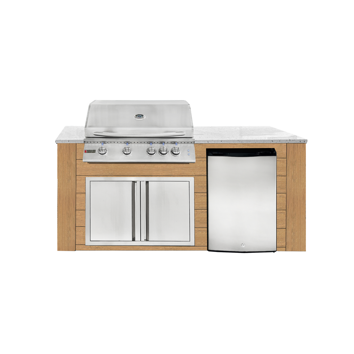 Renaissance Pro-Fit 6-Ft Outdoor Island With White Granite Countertop, Cedar Cabinet, 32" Natural Gas Grill With Lights, Double Door and Refrigerator