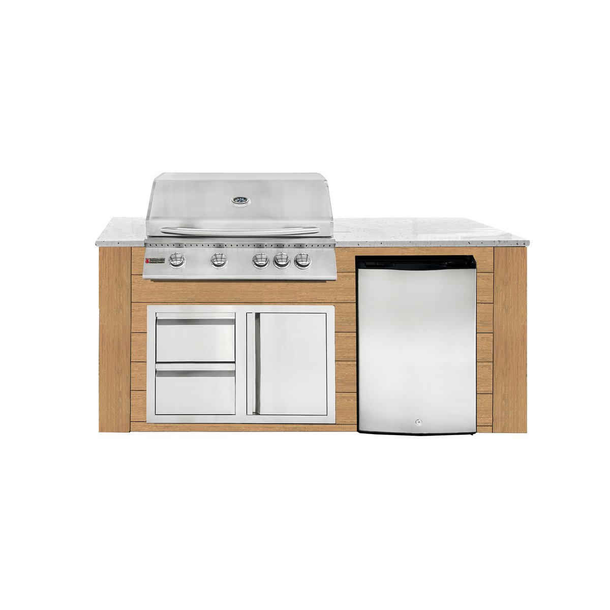 Renaissance Pro-Fit 6-Ft Outdoor Island With White Granite Countertop, Cedar Cabinet, 32" Natural Gas Grill, Right-Swing Double Drawer/Door and Refrigerator