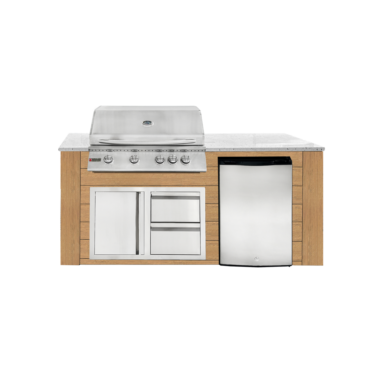 Renaissance Pro-Fit 6-Ft Outdoor Island With White Granite Countertop, Cedar Cabinet, 32" Natural Gas Grill, Left-Swing Double Drawer/Door and Refrigerator