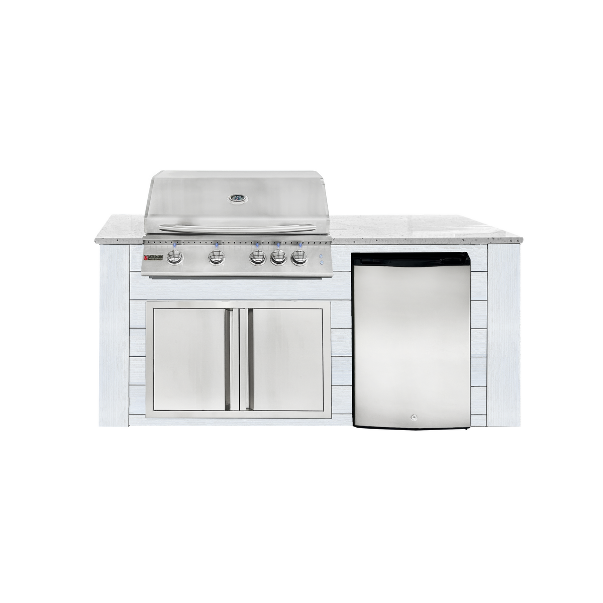 Renaissance Pro-Fit 6-Ft Outdoor Island With White Granite Countertop, White Cabinet, 32" Natural Gas Grill With Lights, Double Door and Refrigerator