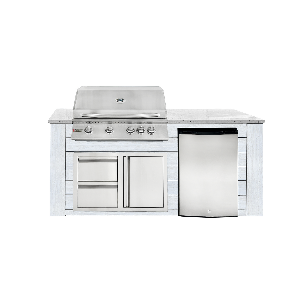 Renaissance Pro-Fit 6-Ft Outdoor Island With White Granite Countertop, White Cabinet, 32" Natural Gas Grill, Right-Swing Double Drawer/Door and Refrigerator